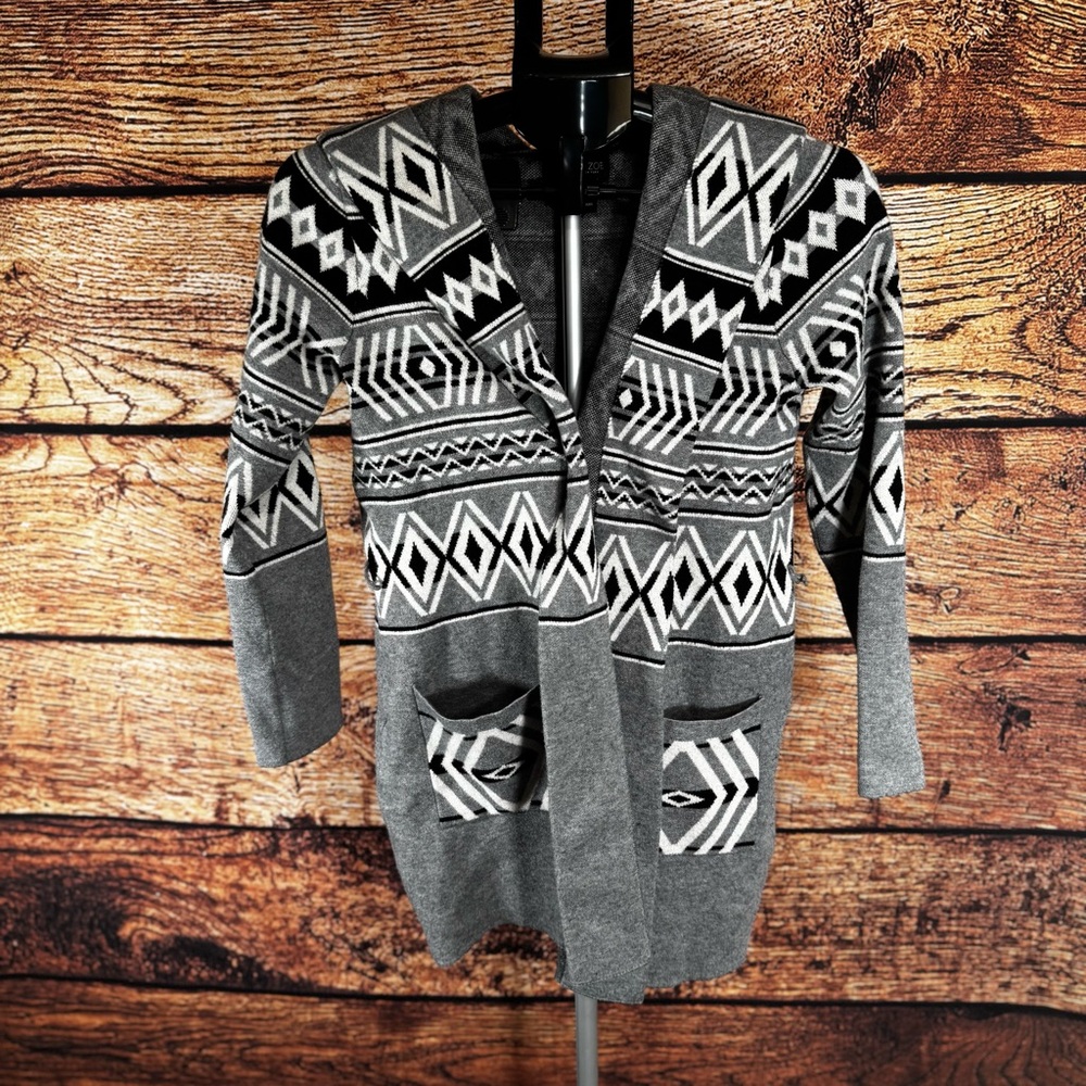 Rachel Zoe Grey Tribal Geometric Hooded Open Front Cardigan Sweater Womens Small